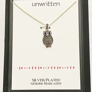 Silverplate Geniune Marcasite Owl Necklace by Unwritten animal bird nwot